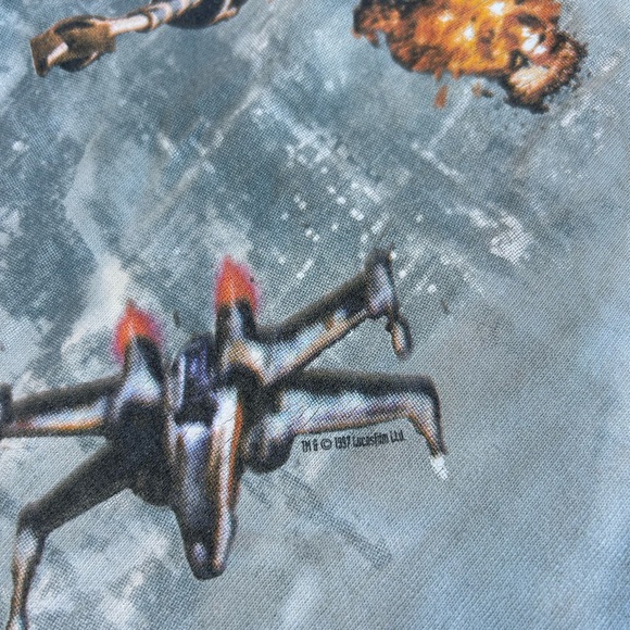 VTG Rare 1997 Star Wars Liquid Blue Tee Mens XL AOP Millennium Falcon Death Star - Picture 8 of 9